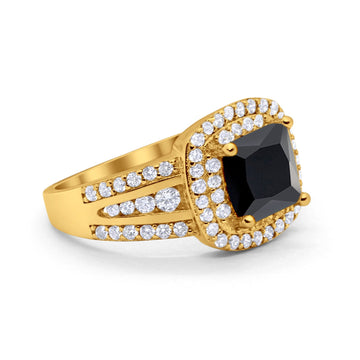Halo Wedding Ring Princess Yellow Tone, Simulated Black CZ 925 Sterling Silver